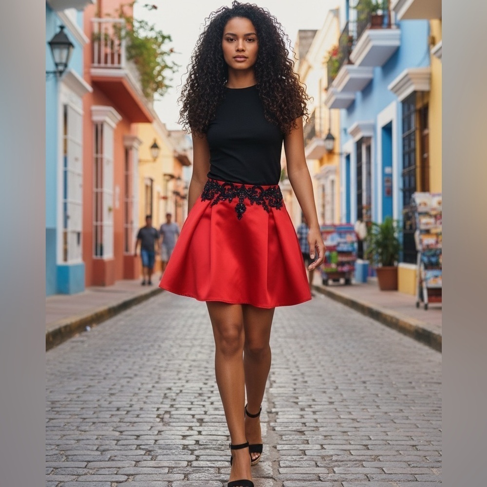 HAVANA COUTURE RED SATIN BLACK LACE FULL CIRCLE PARTY FORMAL SKIRT SIZE S-M